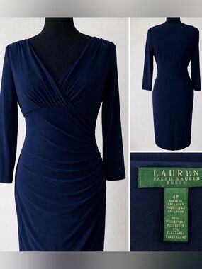 Lauren Ralph Lauren Navy Faux Wrap Dress 4P Petite Ruched Sheath